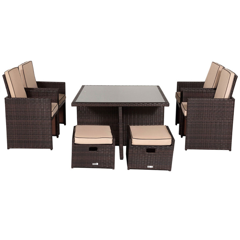 Wren 4 - Person Patio Dining Set with Square Table , Cushions Included, Chocolate/Cream