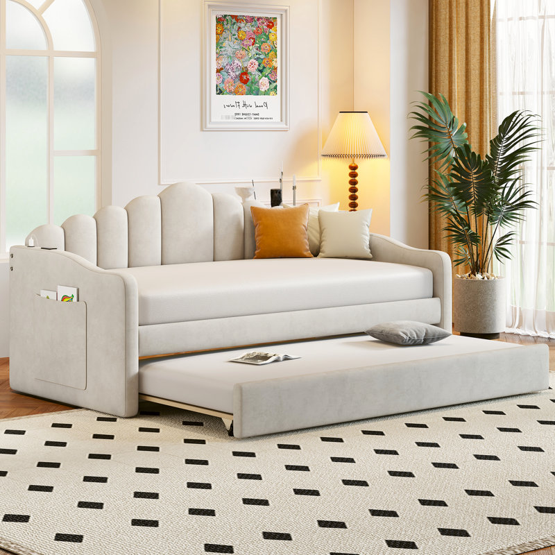 Lit de jour simple en velours avec couchette et charge, canapé-lit beige élégant pour une option de taille élégante, Beige