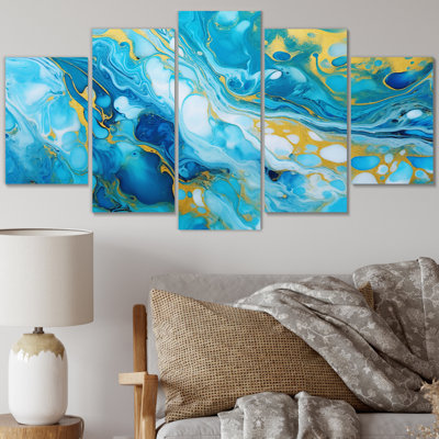 Turquoise luxueux abstrait Art fluide X - Art mural abstrait salon - 5 panneaux