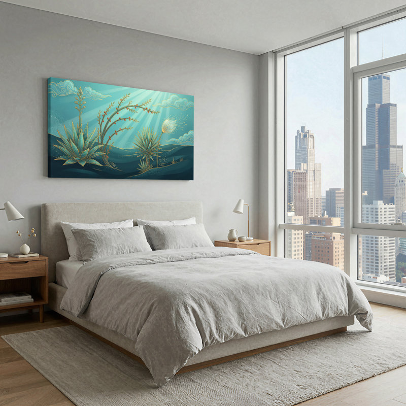 Toile bleu sarcelle et dorée, agave et yucca avec rayons de soleil, 46“W x 24”H