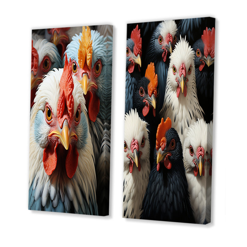 Ensemble de salon mural rouge et blanc Roosters Farm Assemblage I - Poulet, H 28 po x l 25 po, Toile tendue