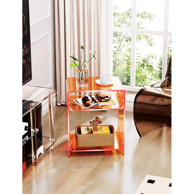 Table With Storage Shelf, Clear Side Table Nightstand, Orange