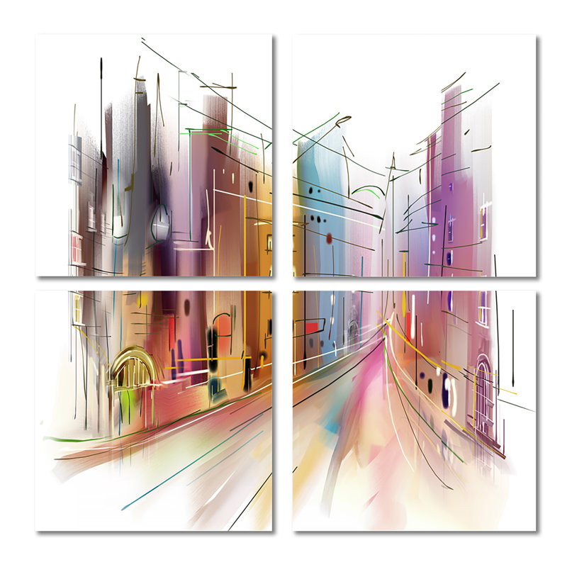 Road In City Art - Cityscape, reproduction d'art sur toile, ensemble de 4 pièces
