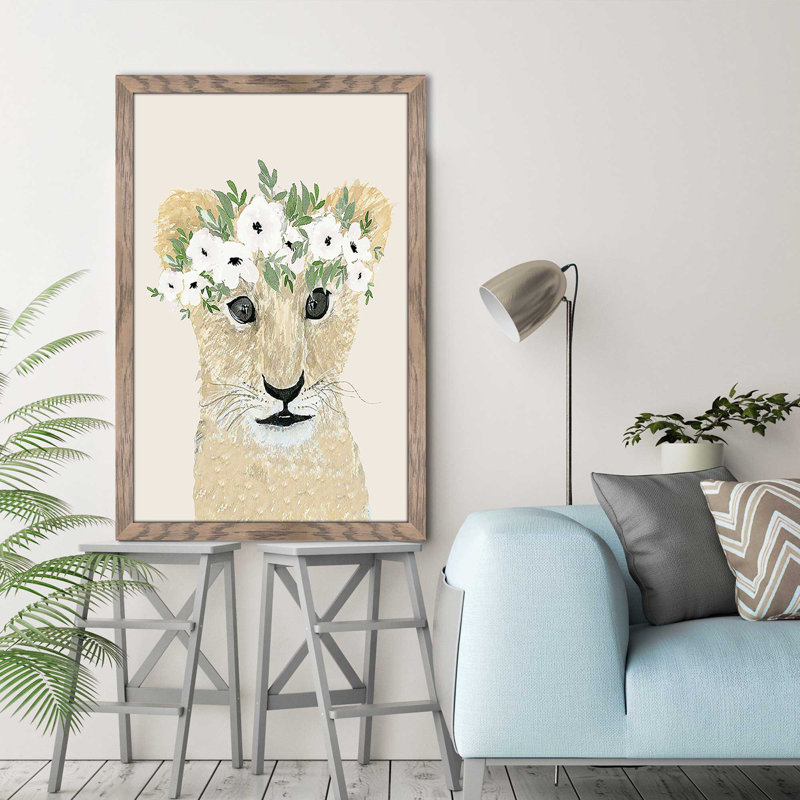 Petit lion par Lucille Price - Peinture, Cadre taupe délavé, H 49,5 po x l 33,5 po x P 1 po