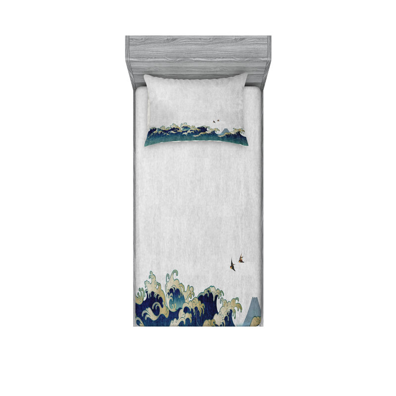 Drap-housse et coussin décoratif japonais Ambesonne, Ensemble de draps pour lit simple + 3 pièces supp