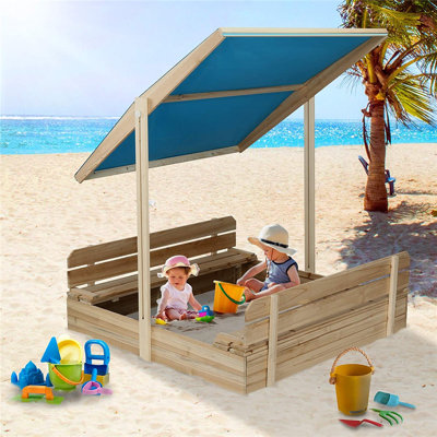 Bac à sable avec couvercle et couvercle pour enfants avec auvent, toit rétractable, bac à sable résistant aux rayons UV avec 2 sièges de banc pliables pour la cour, le patio et les jeux extérieurs