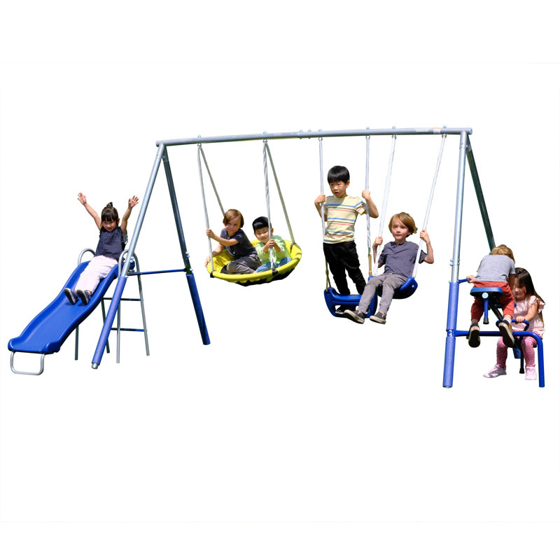 Sportspower Taylor Galvanized Metal Swing Set With Blow Molded Swing, Standing Swing, 2 Person Teeter Totter, 32" Saucer Swing, And 5' Slide, Bonus 4pc Anchor Kit Included