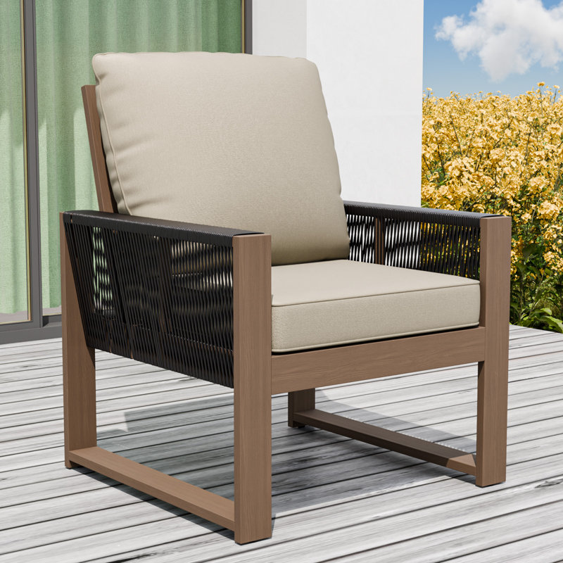 1 Piece Patio Cedar Wood Frame Brown Wicker Outdoor Armchair with Cushion, Beige