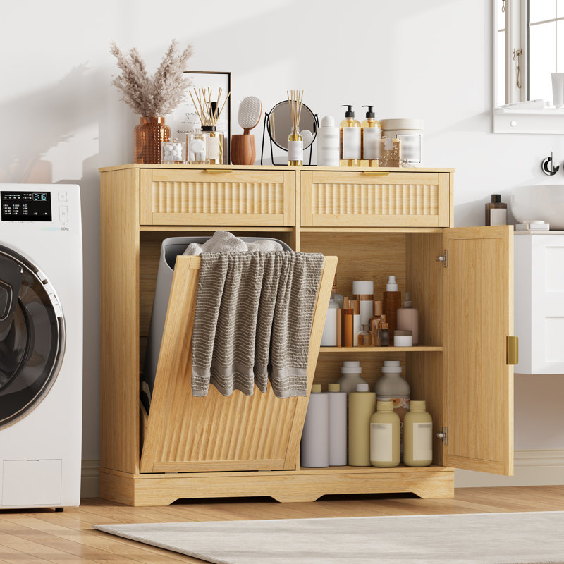 Armoire à déchets cannelée inclinable avec 2 tiroirs 13 gallons, Chêne naturel