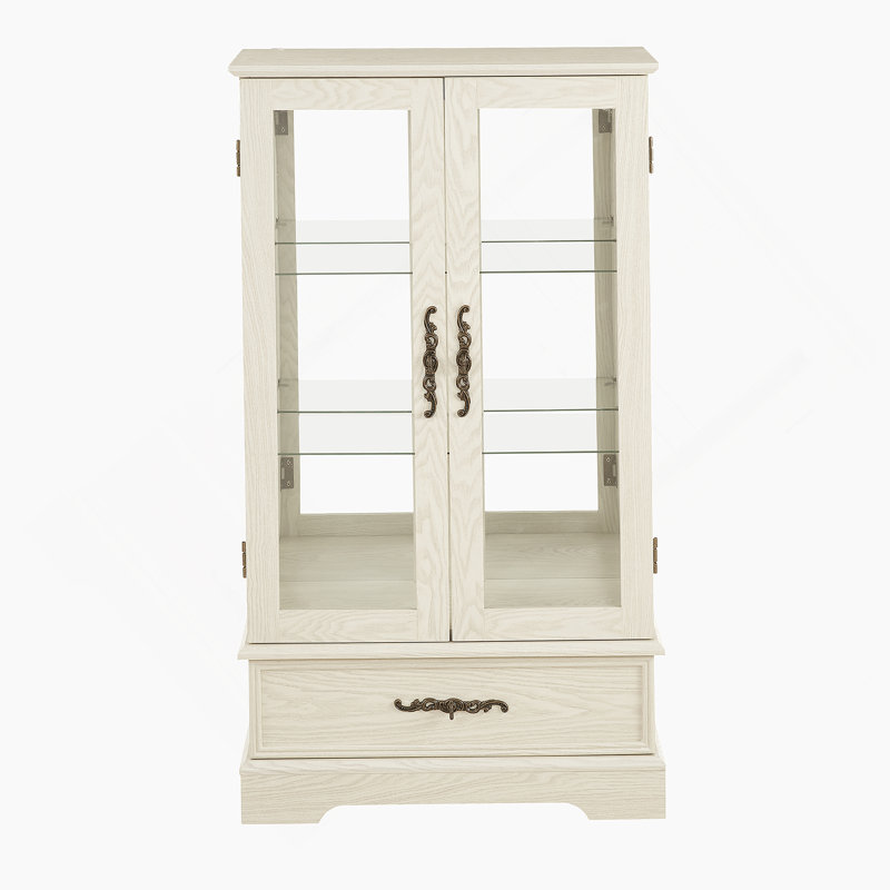 Cherry Wood Glass Cabinet With Adjustable Shelves, 2 Doors & Drawer For Elegant Display And Storage, White