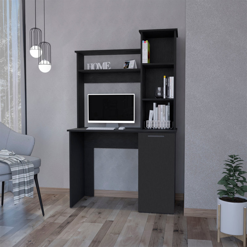 Bureau d'ordinateur à 3 tablettes de rangement gris clair, Noir, noir, noir, noir