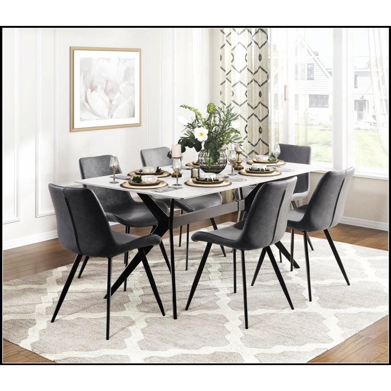 Ensemble de table de salle à manger moderne 7 pièces avec 6 chaises rembourrées grises, plateau en pierre frittée et pieds en métal noir pour un repas élégant