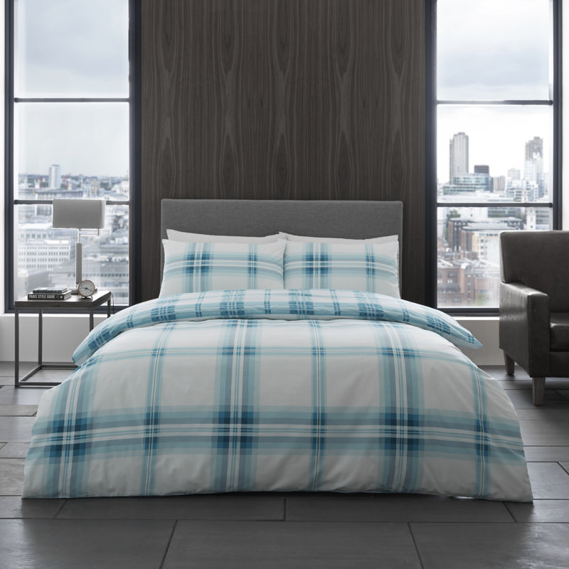 Soft Checked Duvet Cover Set with Pillowcases, Polycotton, Light weight Bedding, Teal, King