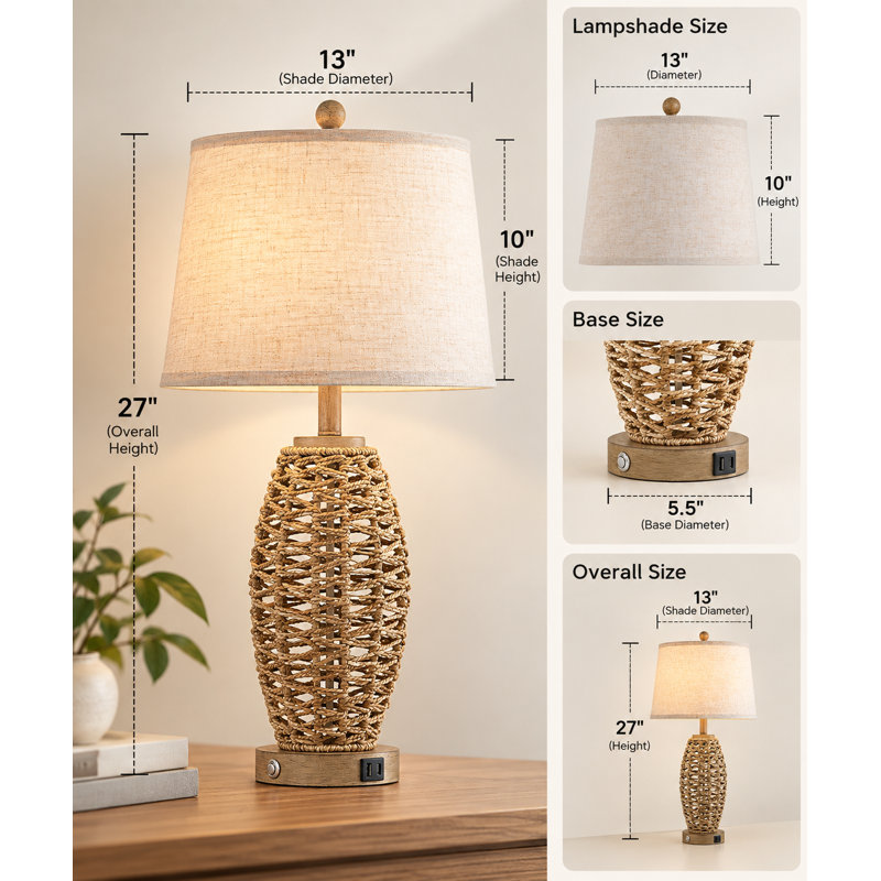 27” Natural Rattan Table Lamps Set of 2,Touch Switch