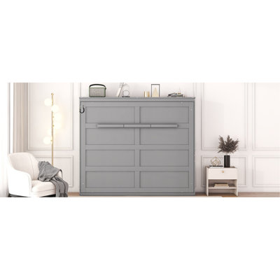 Lit Queen Size gris, idéal pour les espaces multifonctionnels, mécanisme à double piston facilitant le relevage du lit, solution gain de place pour les petits espaces, sommier à lattes flexibles.