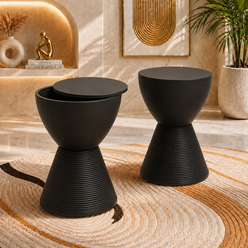 Table de bout tambour en sablier Durant Durant, Noir, Ensemble de 2