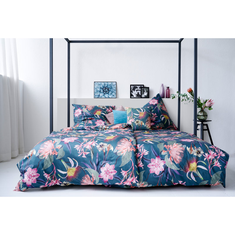 Coloured Nights Floral Duvet Cover Set with Pillowcases, Petrol/Pink, 155 x 220 cm - 1 Pillowcase (80 x 80 cm)