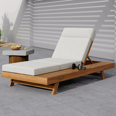 Ensemble de méridienne avec repose-tête, espace disponible sur un côté, bois d'acacia avec coussins de salon résistants à l'eau (crème et 3 fois et 4 pouces) 