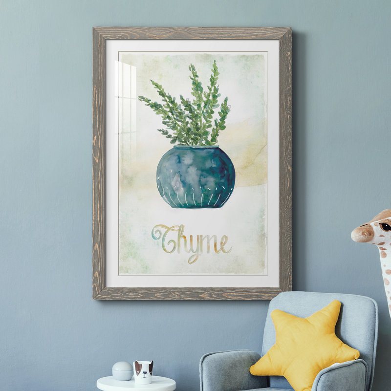 Thym en pot - peinture, Cadre en papier gris, H 20 po x l 17 po x P 1,5 po