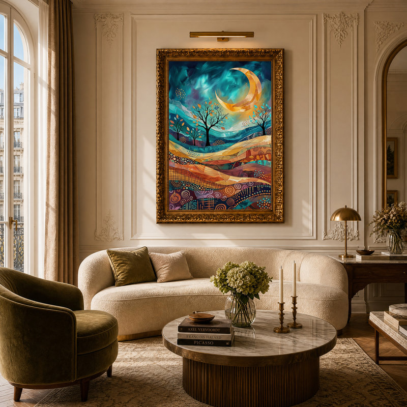 «Teal and Orange Crescent Moon», art mural sur toile, H 24 po x l 16 po