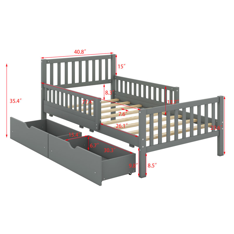 Platform Bed With Guardrails On Both Sides And Two Storage Drawers, Twin, Grey