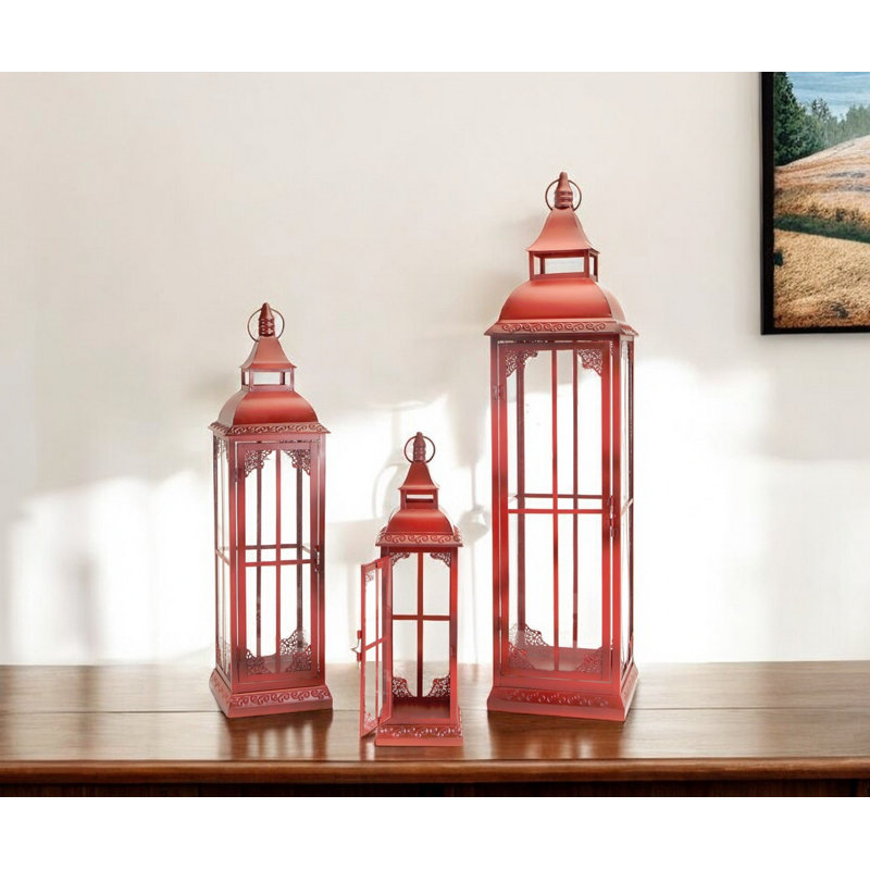 Set of Three Red Distressed Ornate Glass And Metal Floor Lantern Candle Holders