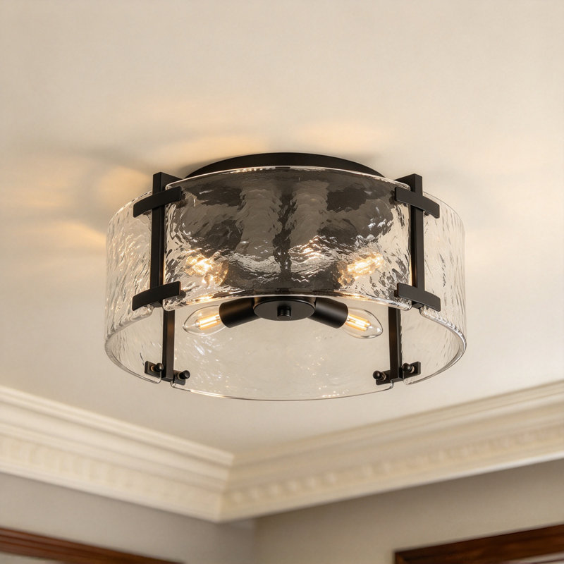 Plafonnier encastré 4 lumières en verre texturé de 16 pouces, luminaire en métal noir avec douilles E12