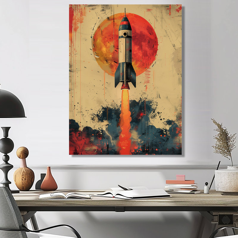 Orange fusée dans l'espace II - art mural fusée, Sans cadre, métal, H 34 po x l 44 po