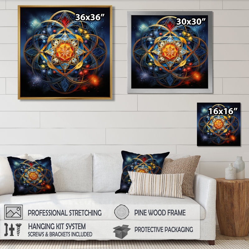 Mystère cosmique mauve - art mural Boho Mandala, H 30 po x l 30 po x P 1 po, Toile avec cadre flottant noir