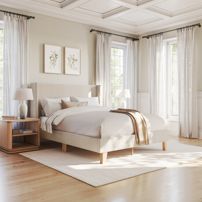 Martha Stewart Maisie Upholstered Platform Bed With Wingback Headboard, Beige, Queen