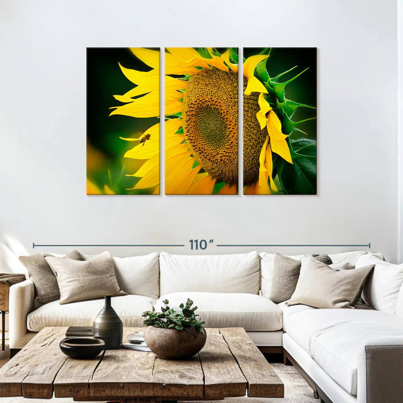 Abeille Harnek attirée par le tournesol, H 48 po x l 74 po