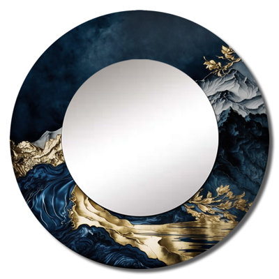 Quanique Gold Frosted River And Mountain I - Forest River Mountains Wall Mirror, Traditional Round Decorative Mirror, Printed Metal Art