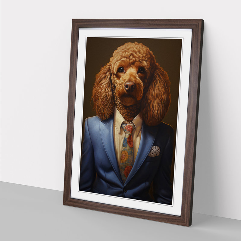 Poodle In A Suit - Single Picture Frame Print on Wood, 64cm H x 46cm W x 2cm D, Walnut