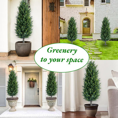 Artificial Topiary Ball Tree with Metal Ground Spike Set of 2/4, Fake Artificial Topiary Cedar Tree for Garden Patio Indoor and Outdoor Decor,25.6 Inch