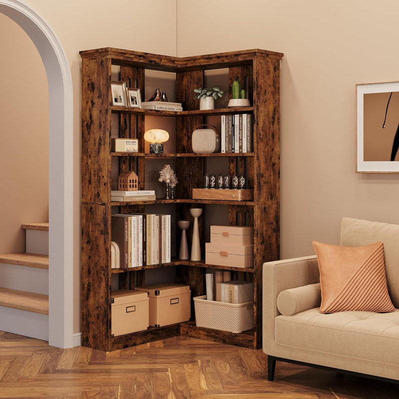 Duanna Farmhouse Bookshelf Corner Bookcase 72.8” Large Bookcase Wood Bookshelf Tall L Shaped Bookshelf 5 Tier Corner Shelf Display Rack Etagere Shelf Storage For Office Bedroom (Half Panel, Retro)