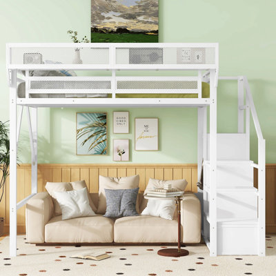 Lit mezzanine double avec escalier, lit mezzanine double en métal avec étagères de rangement, lit mezzanine haut avec armoire pour enfants et adolescents