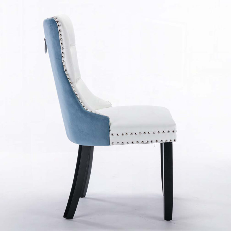PU and Velvet Upholstered Dining Chair, White/Blue