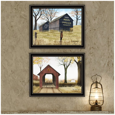 Trendy Decor 4U 2- Piece Vignette Mail Pouch Barn & Buck County Bridge Black Framed Wall Art For Living Room, Bedroom Wall Art Print For Home Decor By Billy Jacobs