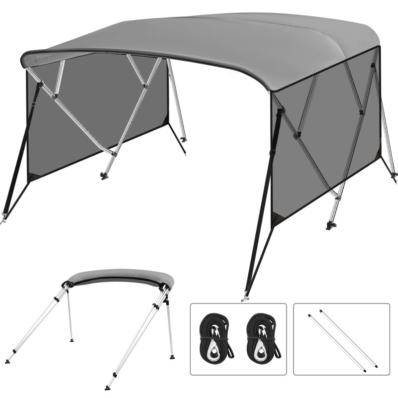 4 Bow Bimini Top with Light-Filtering Side Curtains, Watercraft 600D PU Canvas & 1" Aluminum Frame, 2 Straps, 2 Stable Rear Support Pole