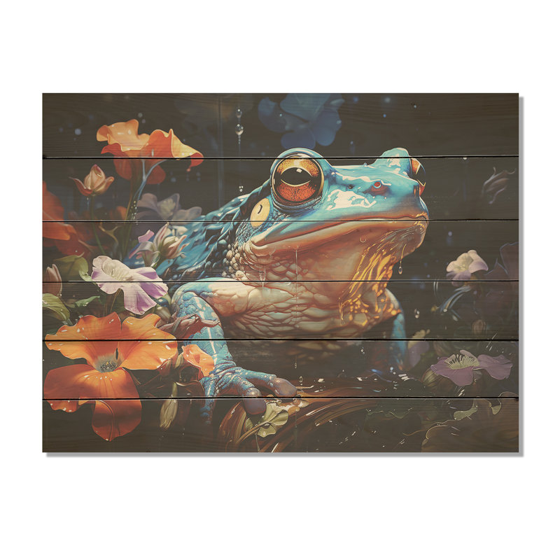 «Blue Frog On Glass Effect - Frogs & Toads», art mural sur bois de pin naturel, H 10 po x l 20 po