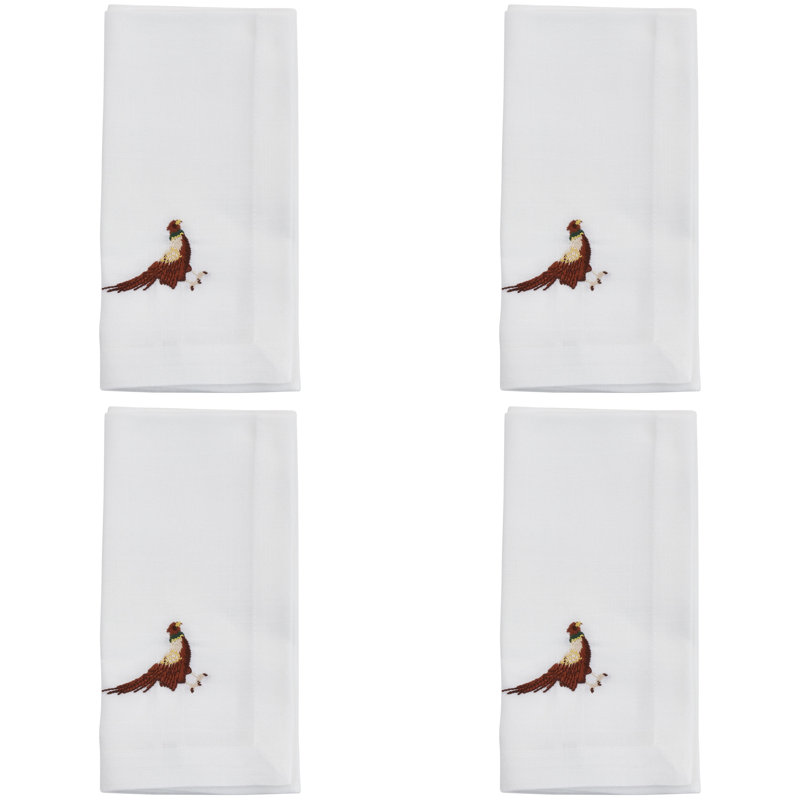 White Polyester Embroidered Pheasant Design Table Napkins Set