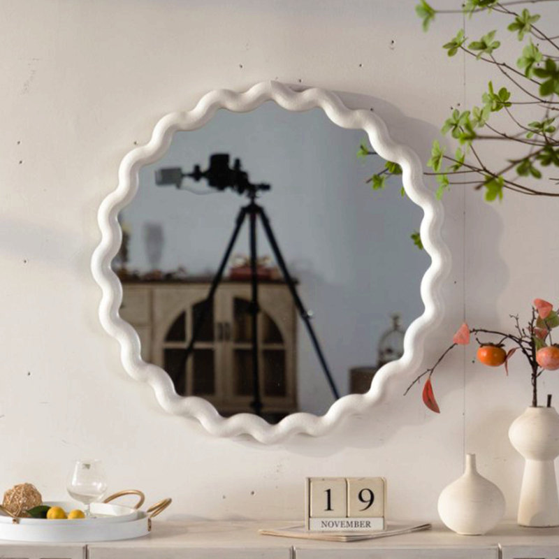 Miroir mural festonné rond, cadre ondulé blanc pour le salon, la chambre à coucher, décor de salle de bain | Idée de cadeau