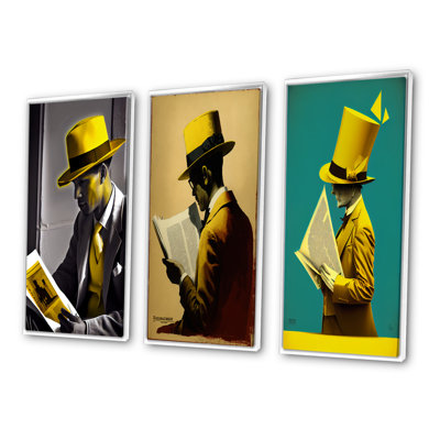 "Un homme mystérieux avec un chapeau jaune lisant un livre" - 3 pièces sur toile