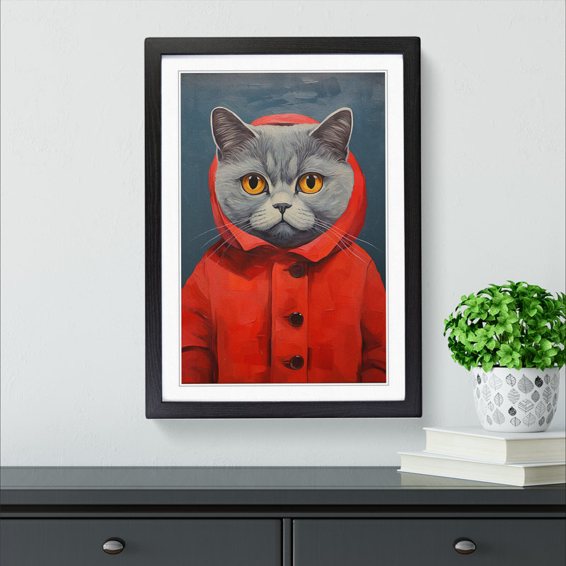 Cat Modern No.2 - Single Picture Frame Print on Wood, 34cm H x 25cm W x 2cm D, Black Framed