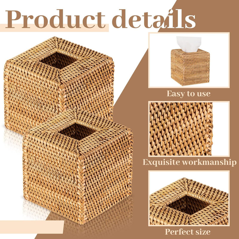 2 Pcs Square Rattan Tissue Box Cover,Wood