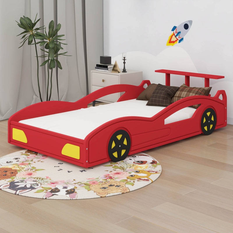 Lit plateforme simple avec roulettes, Rouge / Jaune