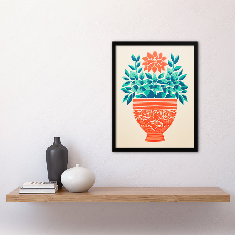 Ornate Coral Flower Pot Flowers Simple Bold 1 Piece Single Picture Frame Wall Art