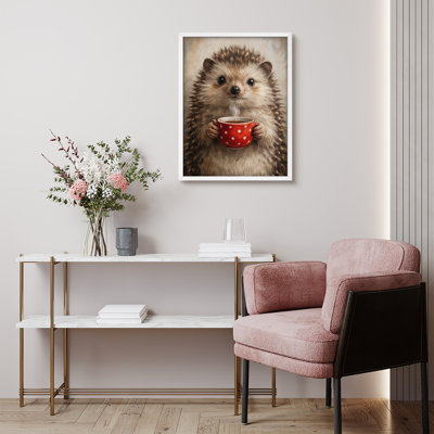 Cute Hedgehog Framed Wall Art Prints - Hedgehog holding red mug, for bedroom