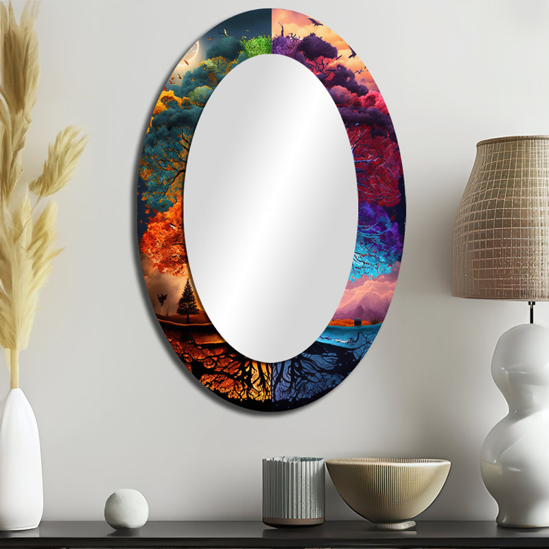 Tree Of Life Day And Night II - Yellow Oval Wall Mirror Decor, 36" x 24"