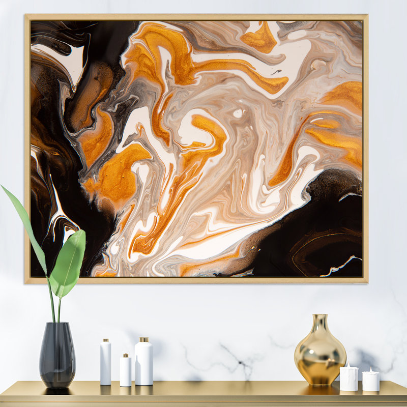 Orange et vagues de marbre noir I - peinture sur toile, H 16 po x l 32 po x P 1 po, Cadre flottant érable